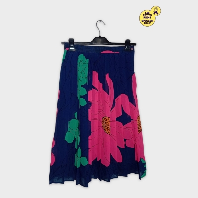 Jupe Plissée Fleurie Carré Bleu Marine Et Rose Fuchsia L