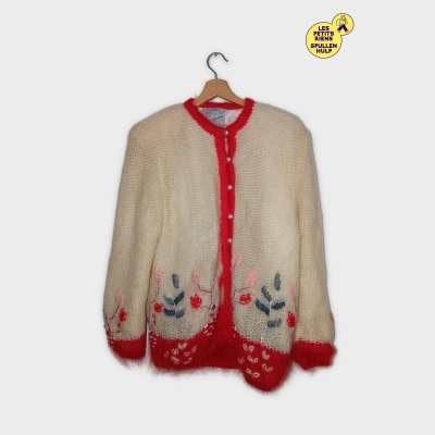 Cardigan Mohair Vintage Reine Seigmann Brodé Fleurs Perles Taille Unique