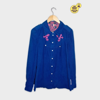Chemise Blutsgeschwester Velours Côtelé Bleu Roi Broderie Rose M