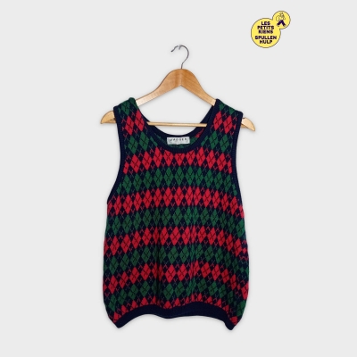 Gilet Sans Manches Jaeger Motif Argyle Rouge Vert Bleu Marine L