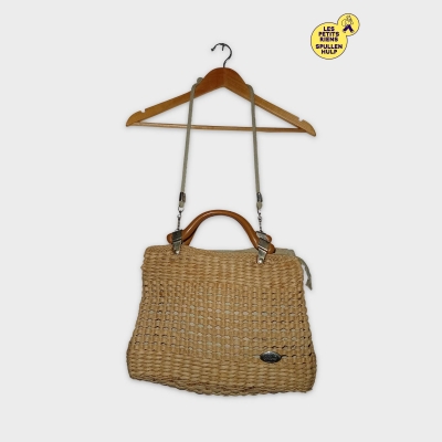 Sac À Main Paille Tressée Beige Anses Bois Bandoulière Corde