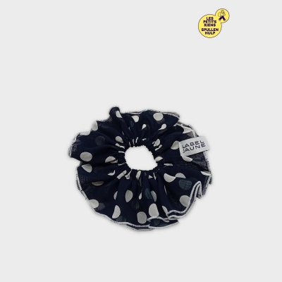 Chouchou Scrunchie Label Jaune Pois Bleu Marine Blanc
