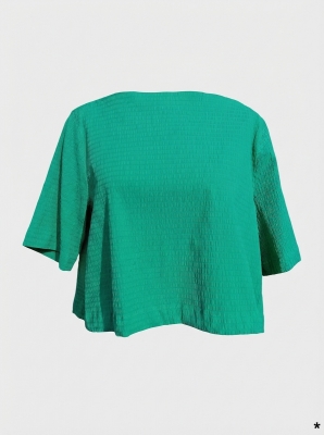 Top Blouse col Bateau Femme Verte Texturée Plissée Label Jaune