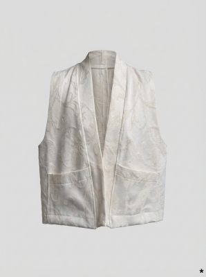 Gilet Sans Manches Label Jaune Motif Damassé Crème Élégant Taille Unique