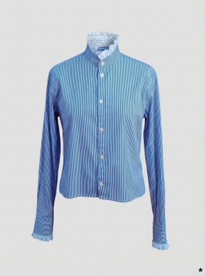 Chemise Femme Label Jaune Rayée Bleue Et Blanche Col Et Poignets Volantés