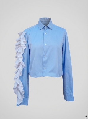 Chemise Bleue Ciel Volants Pois Rouges Label Jaune Taille Unique