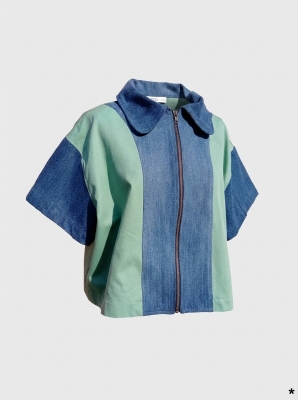 Label Jaune Veste Courte Upcyclée Bicolore Vert Menthe & Jean Bleu