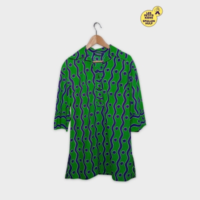 Robe Chemise Oceano Motifs Vagues Fleurs Verte Violette M Vintage