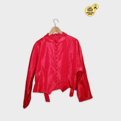 Blouse Rouge Vif Col Mao Boutons Tissu Satin&eacute; Taille Unique