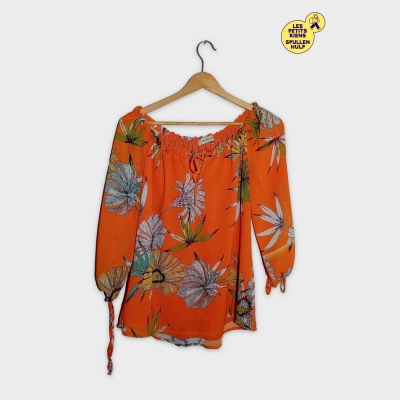 Top Femme Orange Am&eacute;lie & An&eacute;li T-shirt Col Bardot Imprim&eacute; Tropical S