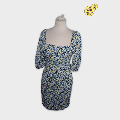 Robe Mini Fleurie Loavies Manches Bouffantes Col Carré Xs