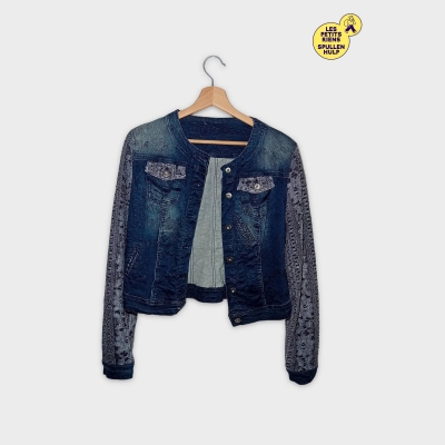 Veste En Jean Femme Manches Dentelle Crochet Bleu Délavé Xl