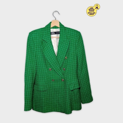 Zara Blazer Tweed Vert Émeraude Double Boutonnage Boutons Dorés S