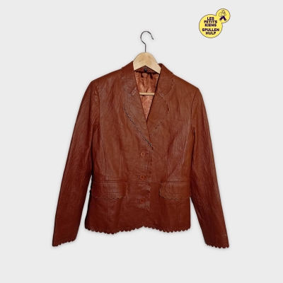 Veste Blazer Simili Cuir Marron Festonn&eacute;e T38 M Femme