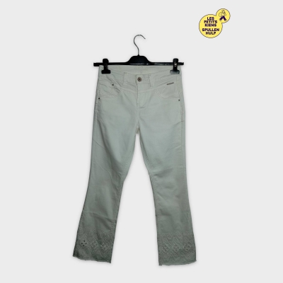 Pantalon Jeans Cr&egrave;me &Eacute;cru Brod&eacute; 3/4 Taille 28 Cream