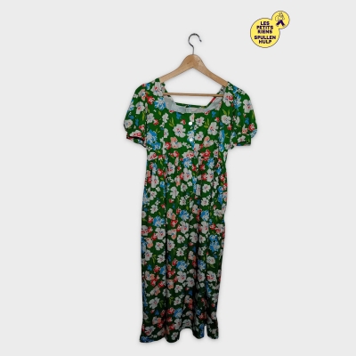 Robe Longue Fleurie Manches Bouffantes Verte Taille Unique