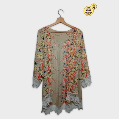 Blouse Fluide Kimono Florale Dentelle Beige L
