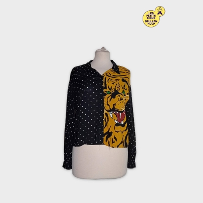 Zara Chemise Blouse Noire Pois Motif Tête De Tigre Jaune S