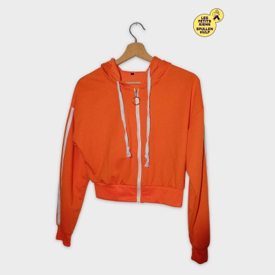 Sweat À Capuche Zippé Orange Rayures Blanches Taille S
