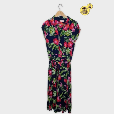 Robe Chemise Midi Florale Cassis Xl Bleue Marine Rose Verte