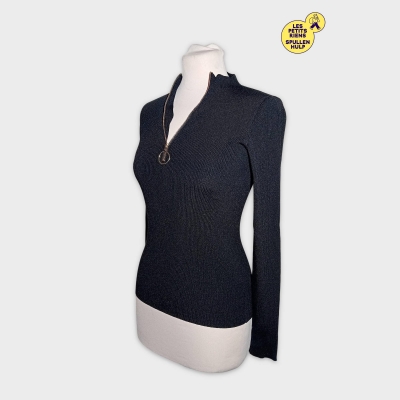Pull Côtelé Maje Noir Col Montant Zip Anneau M
