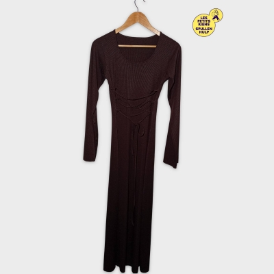 Robe Longue Côtelée Marron À Lacets M Élégante Confortable