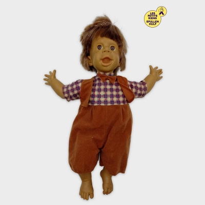 Poupée Vintage Garçon Cheveux Bruns Salopette Velours Côtelé Carreaux