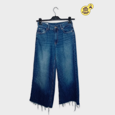 Jean Femme Pull&bear Large Cropped Bleu Délavé Ourlet Brut Xs