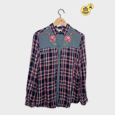 Chemise À Carreaux Esprit Xxl Broderies Florales & Empiècements Denim