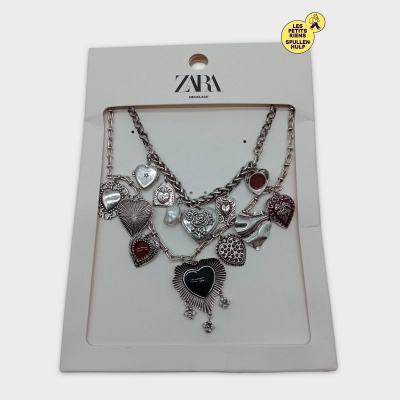 Zara Collier Cœurs Argenté & Pierres Rouge/noir M Neuf Avec Étiquette