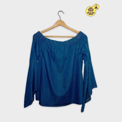 Top Tqf En Jean Bleu Épaules Dénudées Manches Trompette S