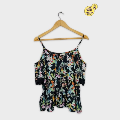 Top Camayue Noir Fleuri Multicolore Bretelles Fines Manches Volants Dentelle