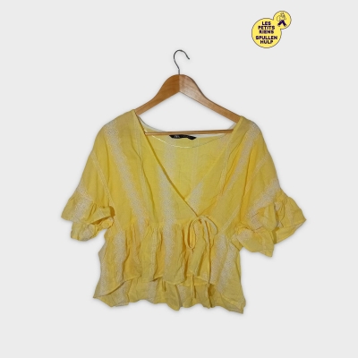 Chemisier Femme Zara Jaune Clair Coton Brodé Volants Taille L