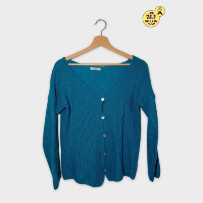 Cardigan Naïs Bleu Turquoise Maille Duveteuse Boutons Nacrés M