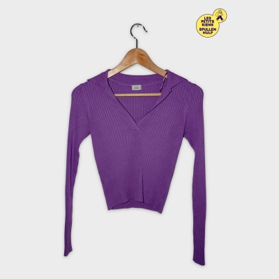 Pull Côtelé Violet Col V Manches Longues Femme Xs Pimkie