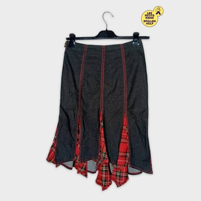 Jupe Crayon Effet Denim & Tartan Écossais Rouge Monte Carlo M