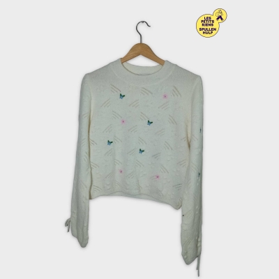 Pull Tricoté Zara L Blanc Cassé Brodé Fleuri Ajouré Nœuds Manches