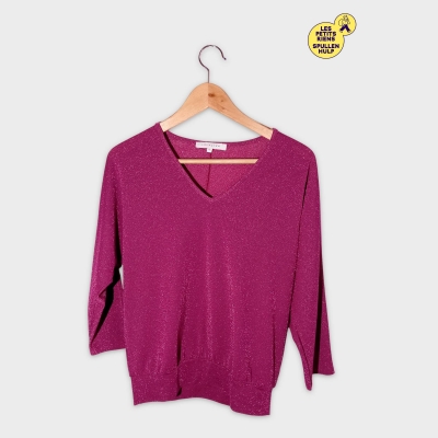 Top Brillant Col V Manches Longues Lolaliza Xs Fuchsia Scintillant