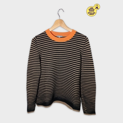 Pull Côtelé Cos Rayé Noir Beige Col Orange M