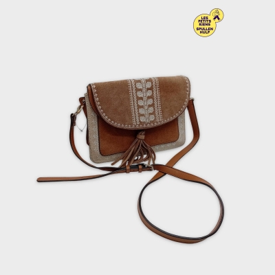 Sac Bandoulière Suédine Motifs Ethniques Marron Beige Franges