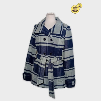 Manteau Ceinturé À Carreaux Esprit Bleu Gris L Double Boutonnage