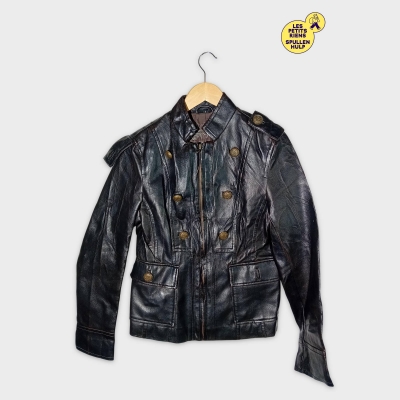 Veste En Cuir Noir Vieilli Style Militaire S