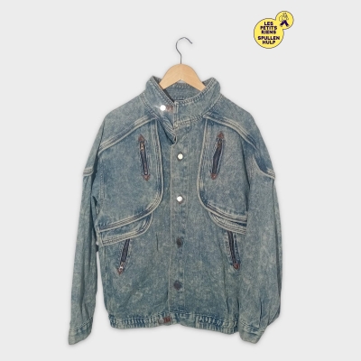Veste Jean Acid Wash Poches Zippées Vintage Xl