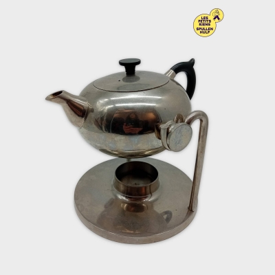 Théière Sur Chauffe-plat Vintage Métal Argenté Et Noir Design Rétro