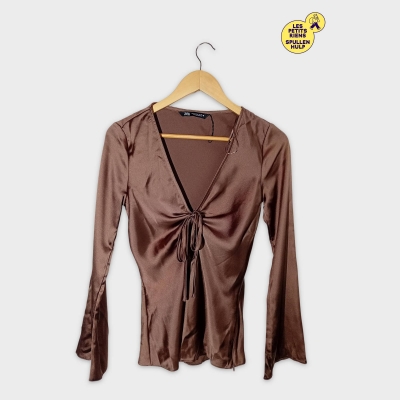 Zara Haut Ajustable Satiné Marron Manches Longues Xs