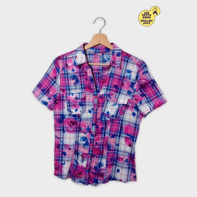 Chemise À Carreaux Fleurs Rose Et Bleu Manches Courtes Taille S