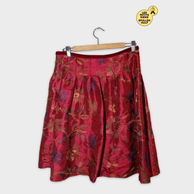 Jupe Droite Charles Jourdan Rouge Bordeaux Satinée Brodée Florale