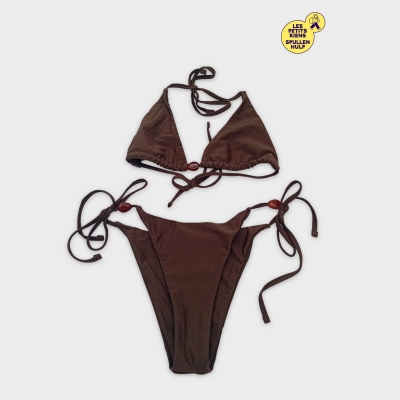 Maillot De Bain Bikini Marron À Liens Et Perles Taille M