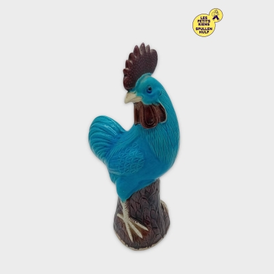 Coq En Céramique Émaillée Bleu Et Marron