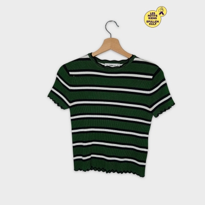 T-shirt Côtelé Rayé Vert, Noir & Blanc Zara - Taille M